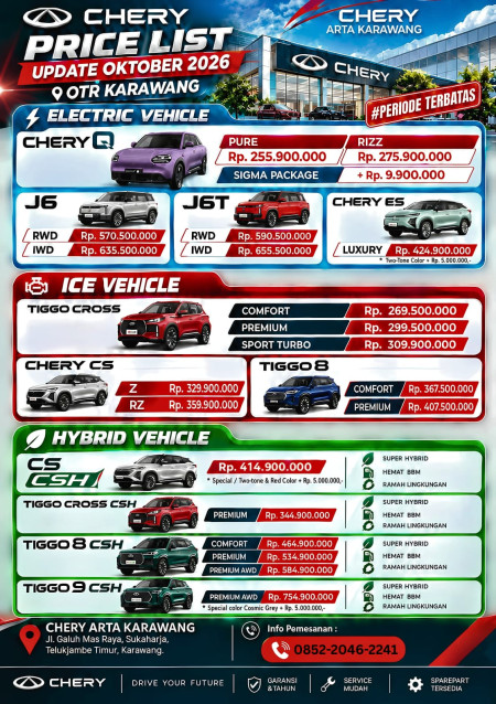 Pricelist Harga Chery Karawang 2026 - Promo Chery Karawang 2026